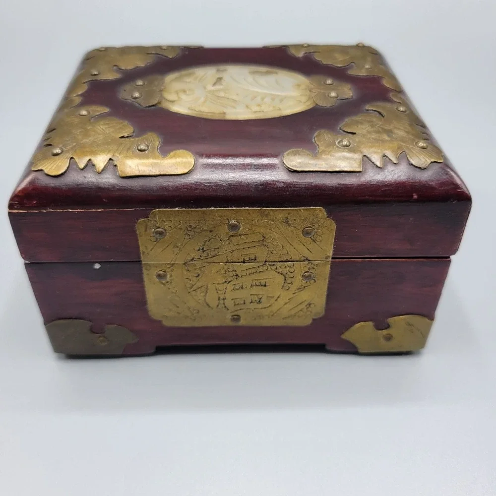 Vtg Chinese Wood Brass Carved White Jade Medallion Ornate Jewelry Box 4.25